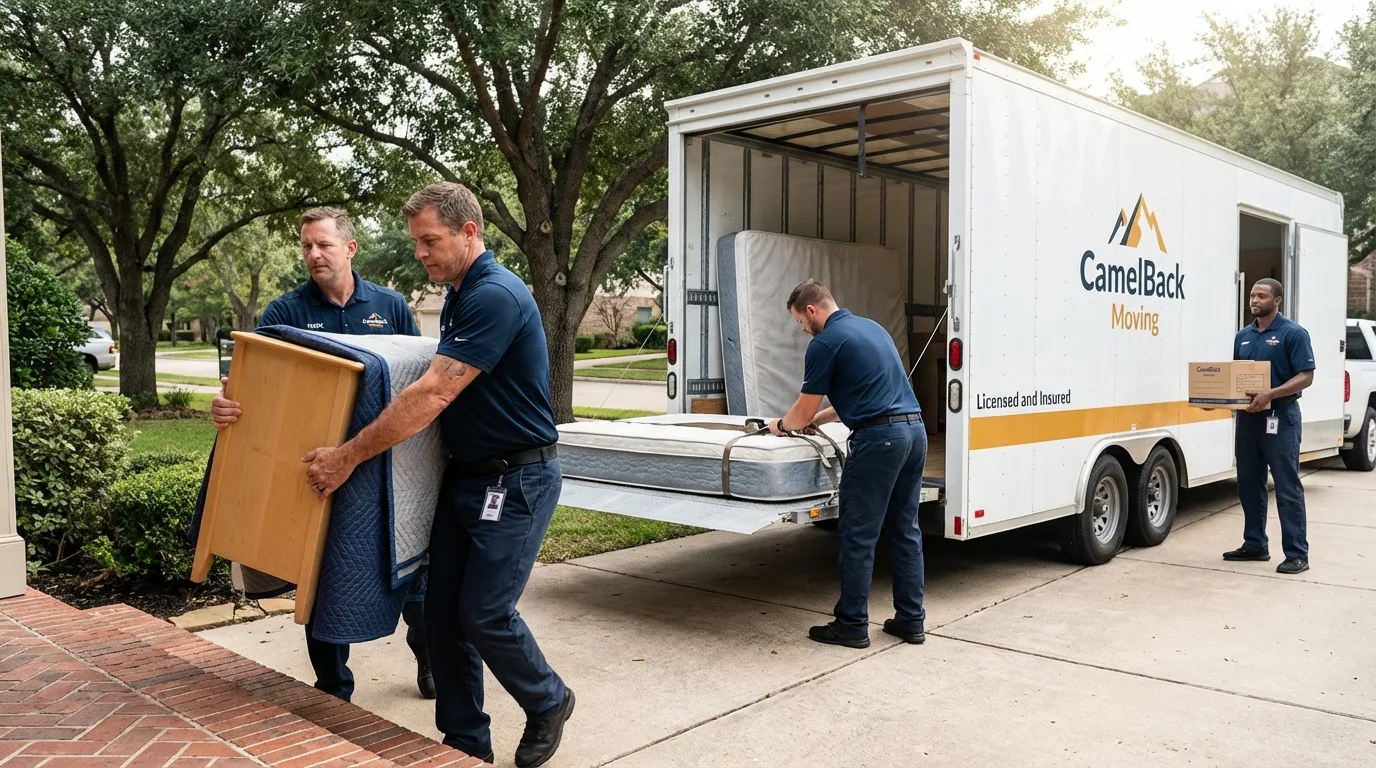 Crew loading residential truck for cross-state move from Warrensburg, IL