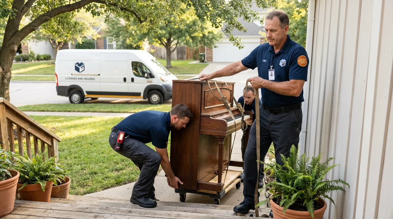 Licensed piano movers securing grand piano in Warrensburg, IL