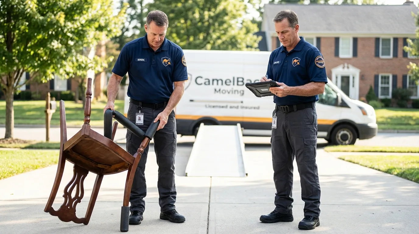 Movers inspecting furniture for damage prevention before loading in Warrensburg, IL