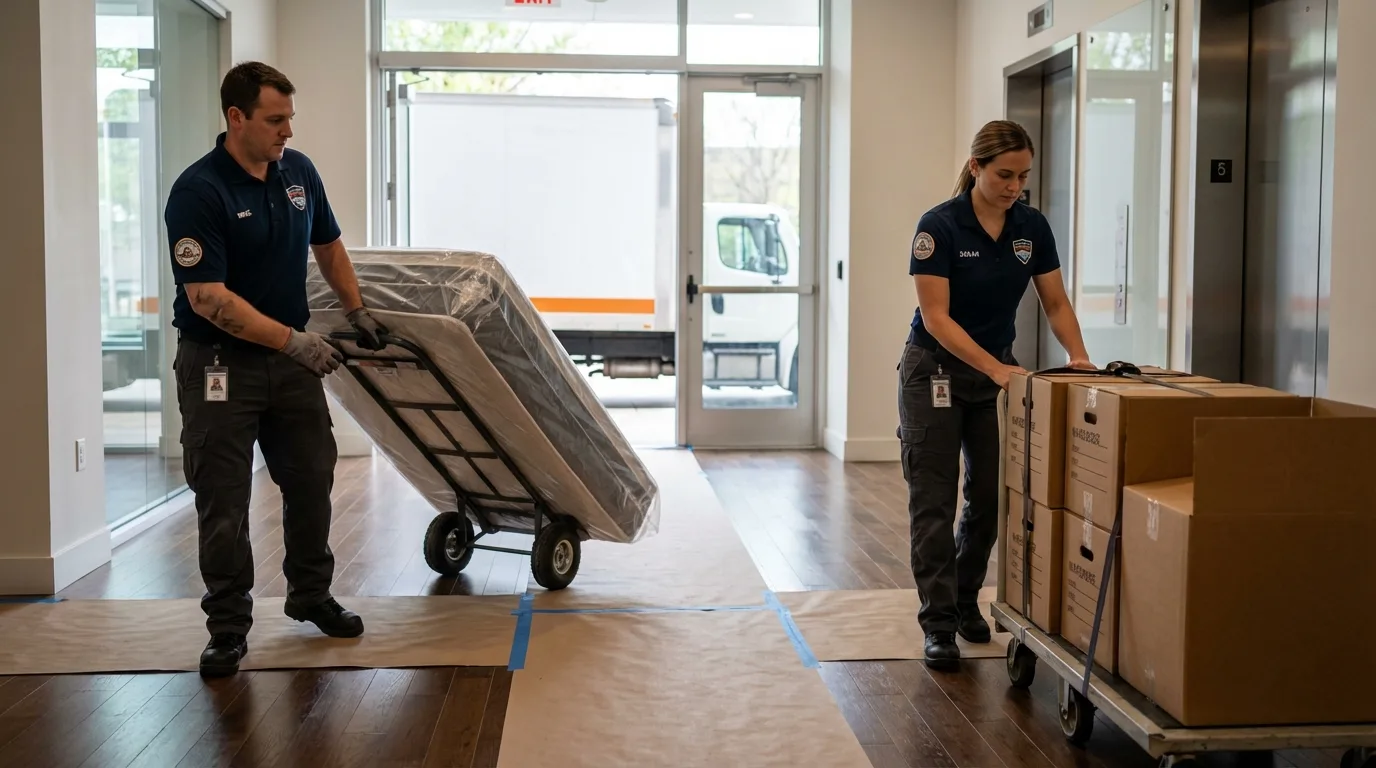 Professional apartment movers loading elevator in Warrensburg, IL